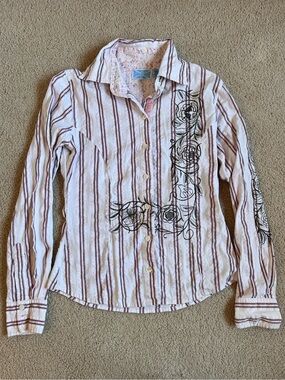 Striped Button-Up Shirt with Floral Embroidery - White & Pink